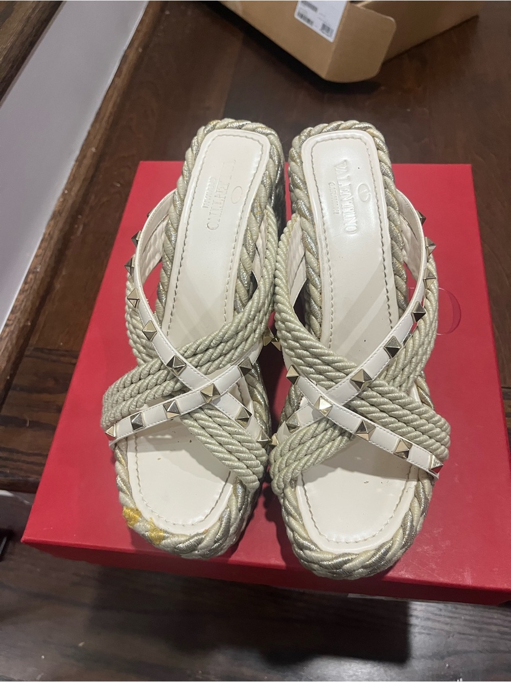 Valentino Women's Ivory Rockstud Rope Slide wedge Sandals with Studs!